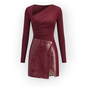 Commense Burgundy Faux Leather Panel Mini Dress XL – Croc Texture Knit Parisian